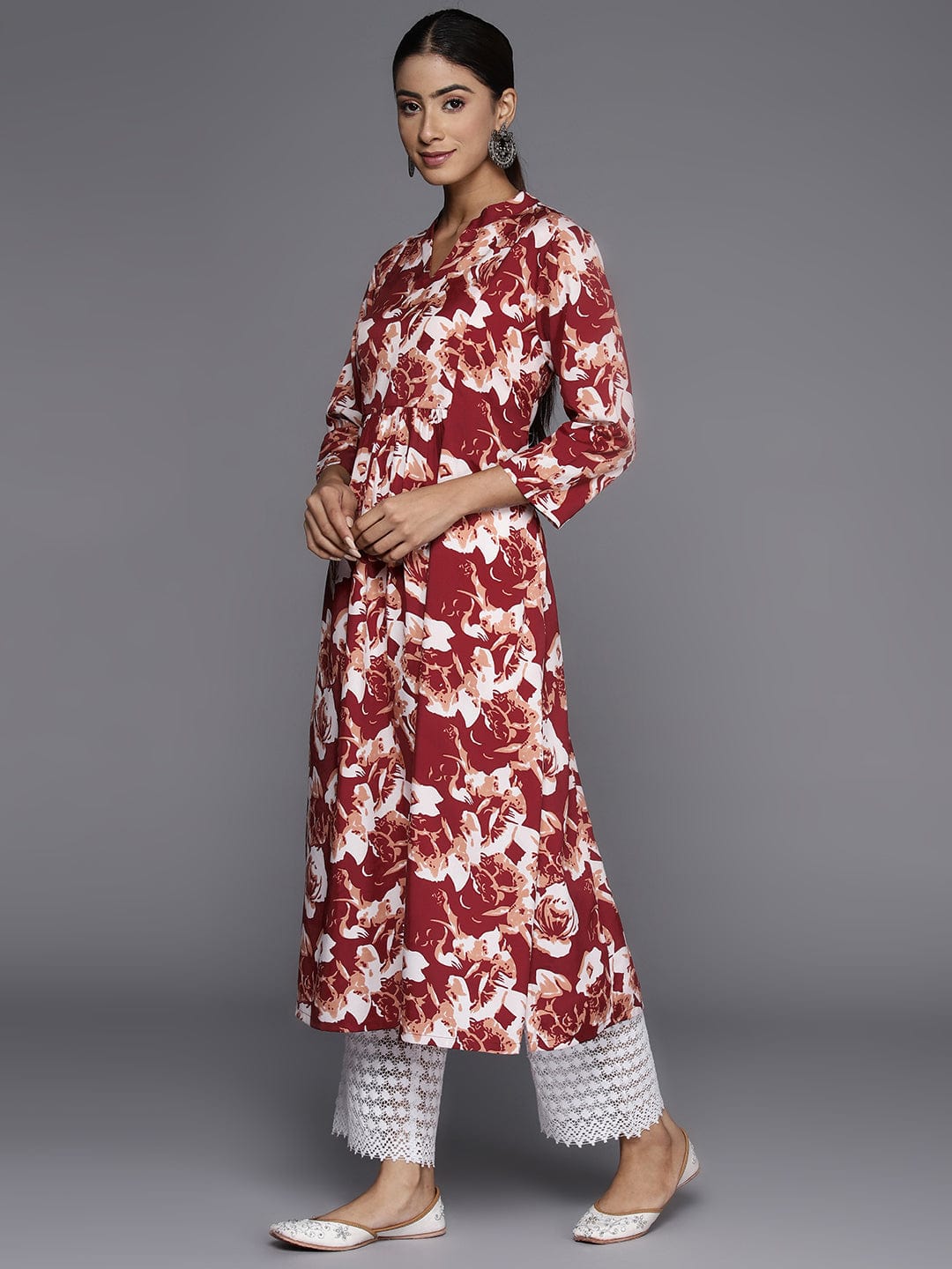 Varanga Women Maroon Floral Printed A-Line Kurta With Three Quarter Sleeves