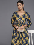 Varanga Women Navy Blue Floral Printed V- Neck Empire Kurta