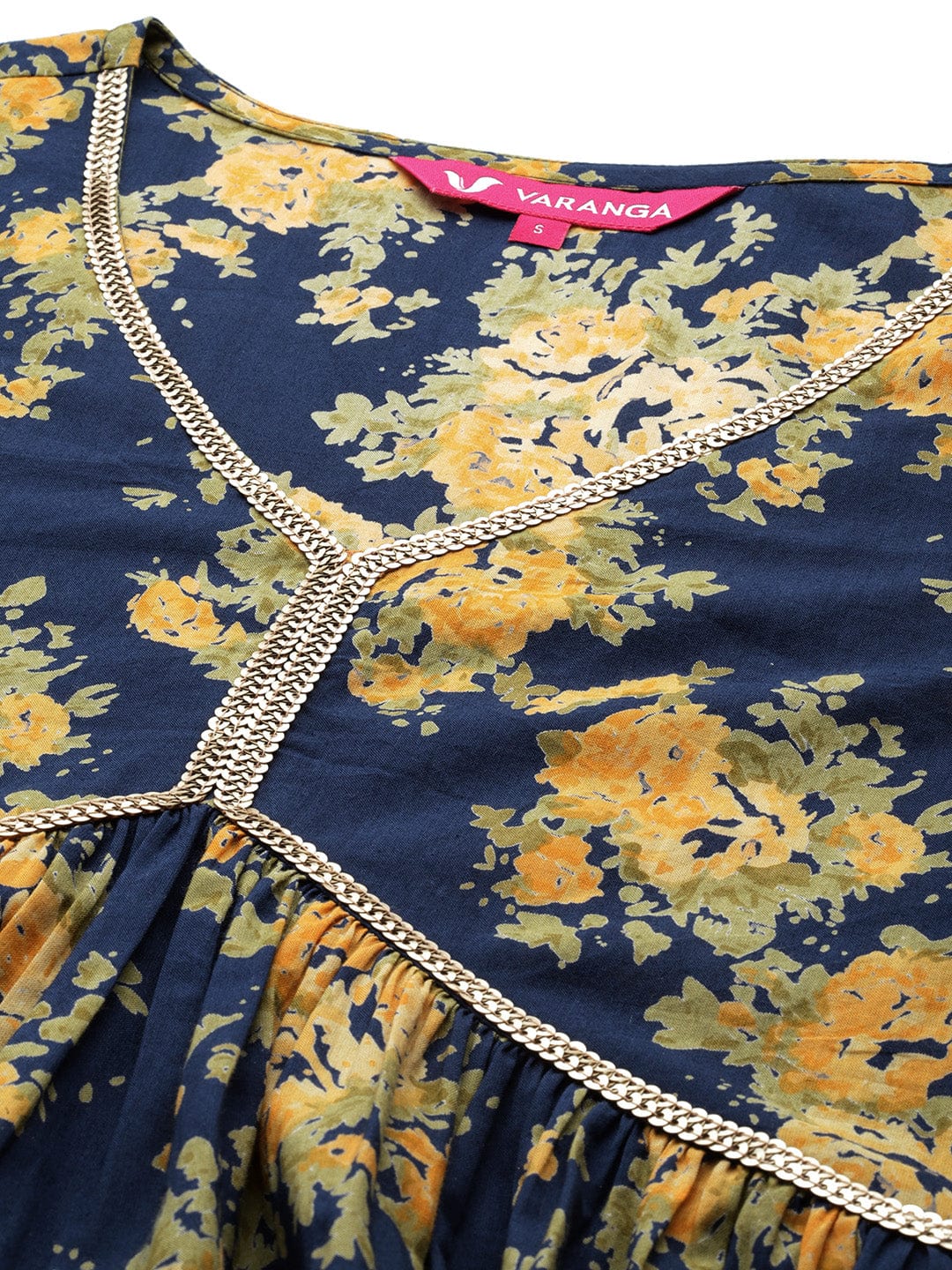 Varanga Women Navy Blue Floral Printed V- Neck Empire Kurta
