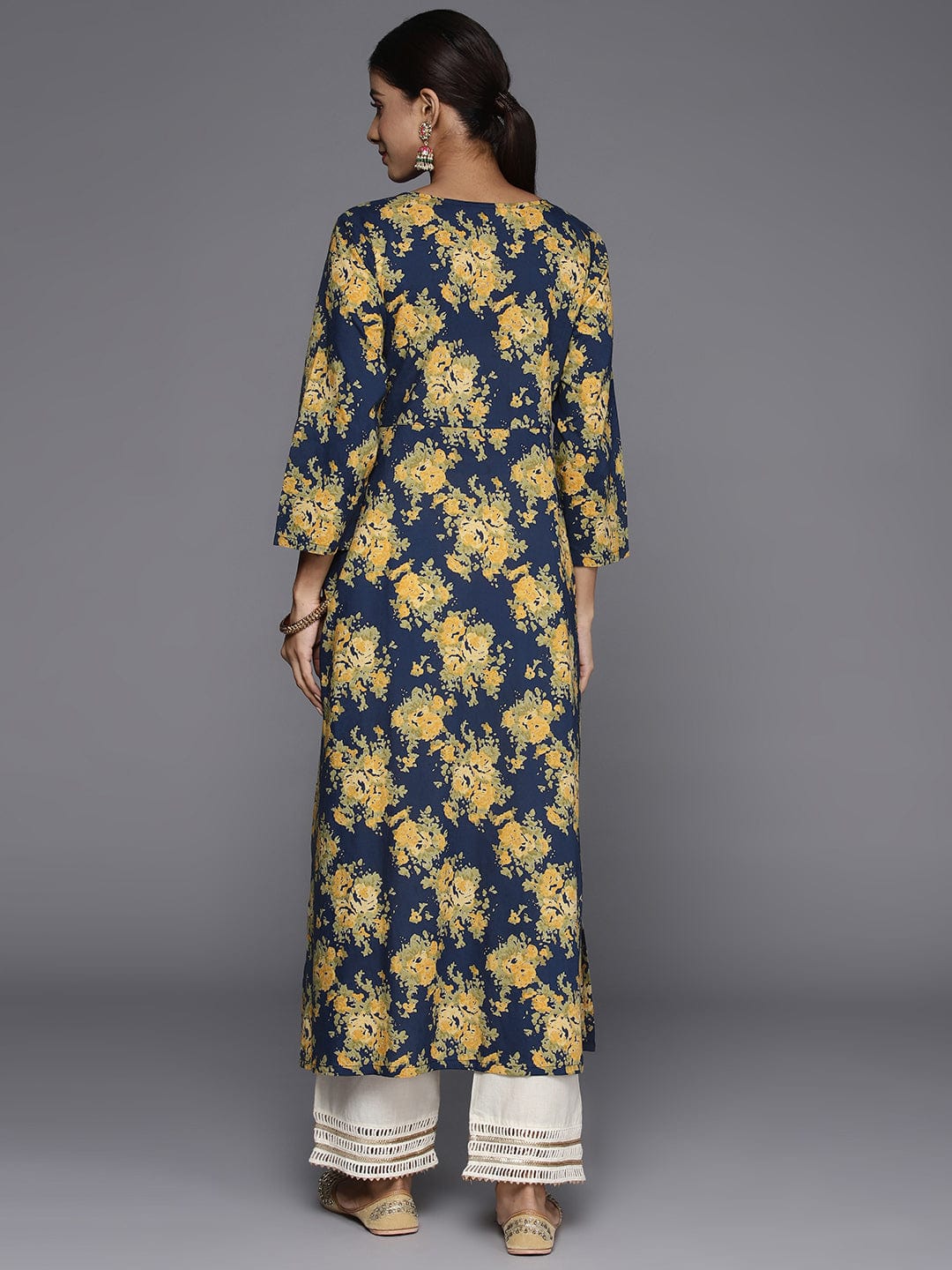 Varanga Women Navy Blue Floral Printed V- Neck Empire Kurta