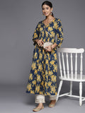 Varanga Women Navy Blue Floral Printed V- Neck Empire Kurta