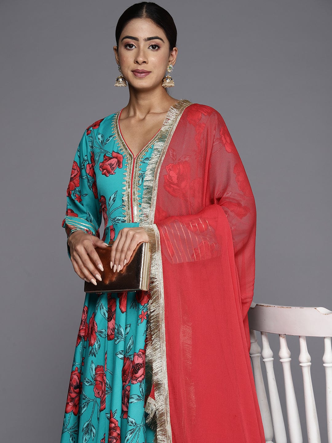Varanga Women Turquoise Blue Floral Printed Anarkali Kurta Paired With Dupatta