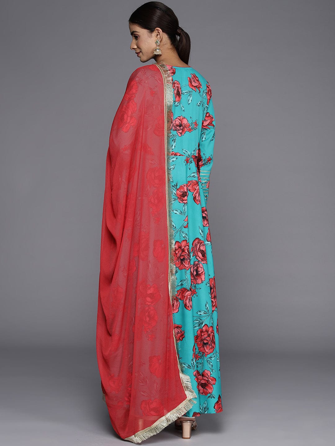Varanga Women Turquoise Blue Floral Printed Anarkali Kurta Paired With Dupatta
