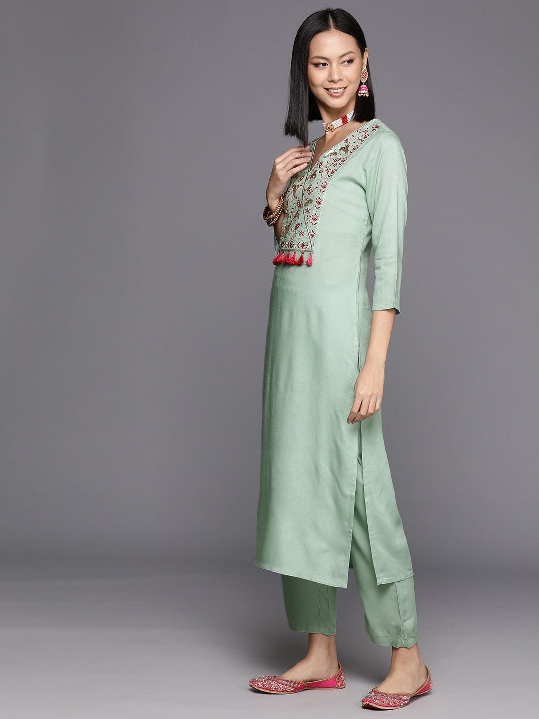 Varanga Women Floral Yoke Design Regular Sequinned Kurta with Trousers & Dupatta
