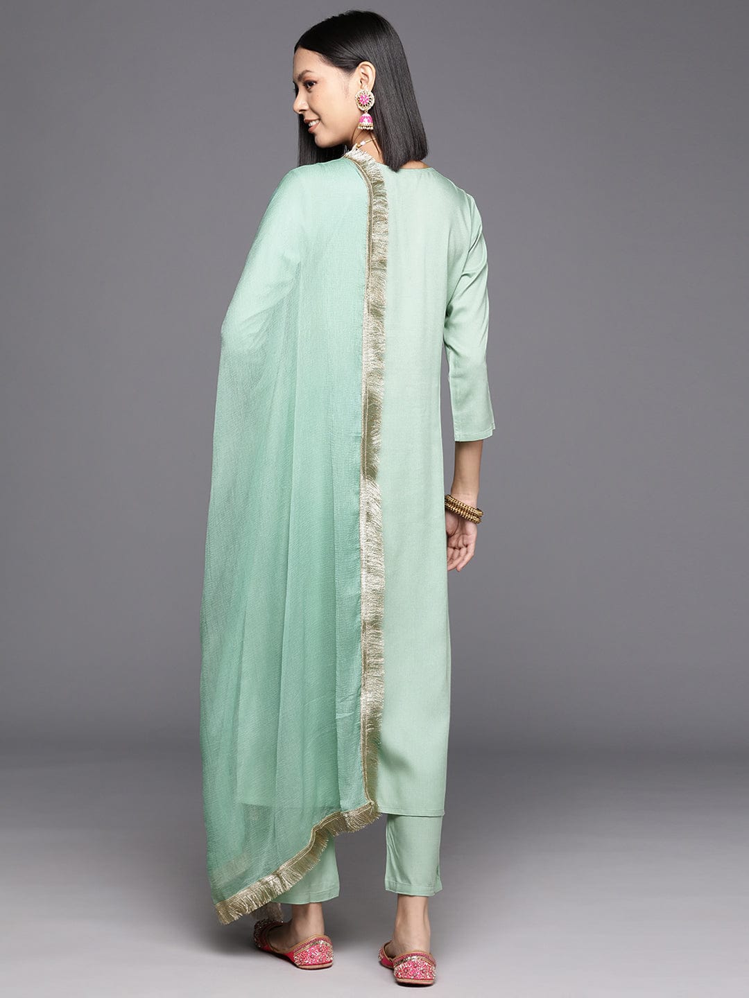 Varanga Women Floral Yoke Design Regular Sequinned Kurta with Trousers & Dupatta
