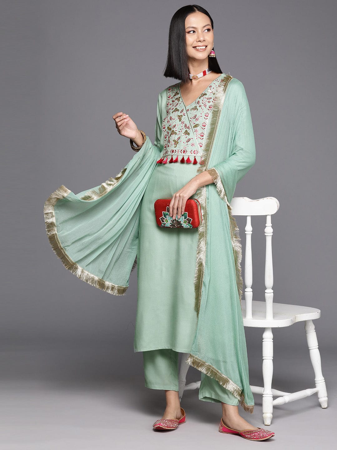 Varanga Women Floral Yoke Design Regular Sequinned Kurta with Trousers & Dupatta