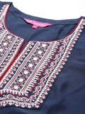 Varanga Women Blue Embroidered Straight Kurta With Bottom And Dupatta