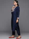 Varanga Women Blue Embroidered Straight Kurta With Bottom And Dupatta