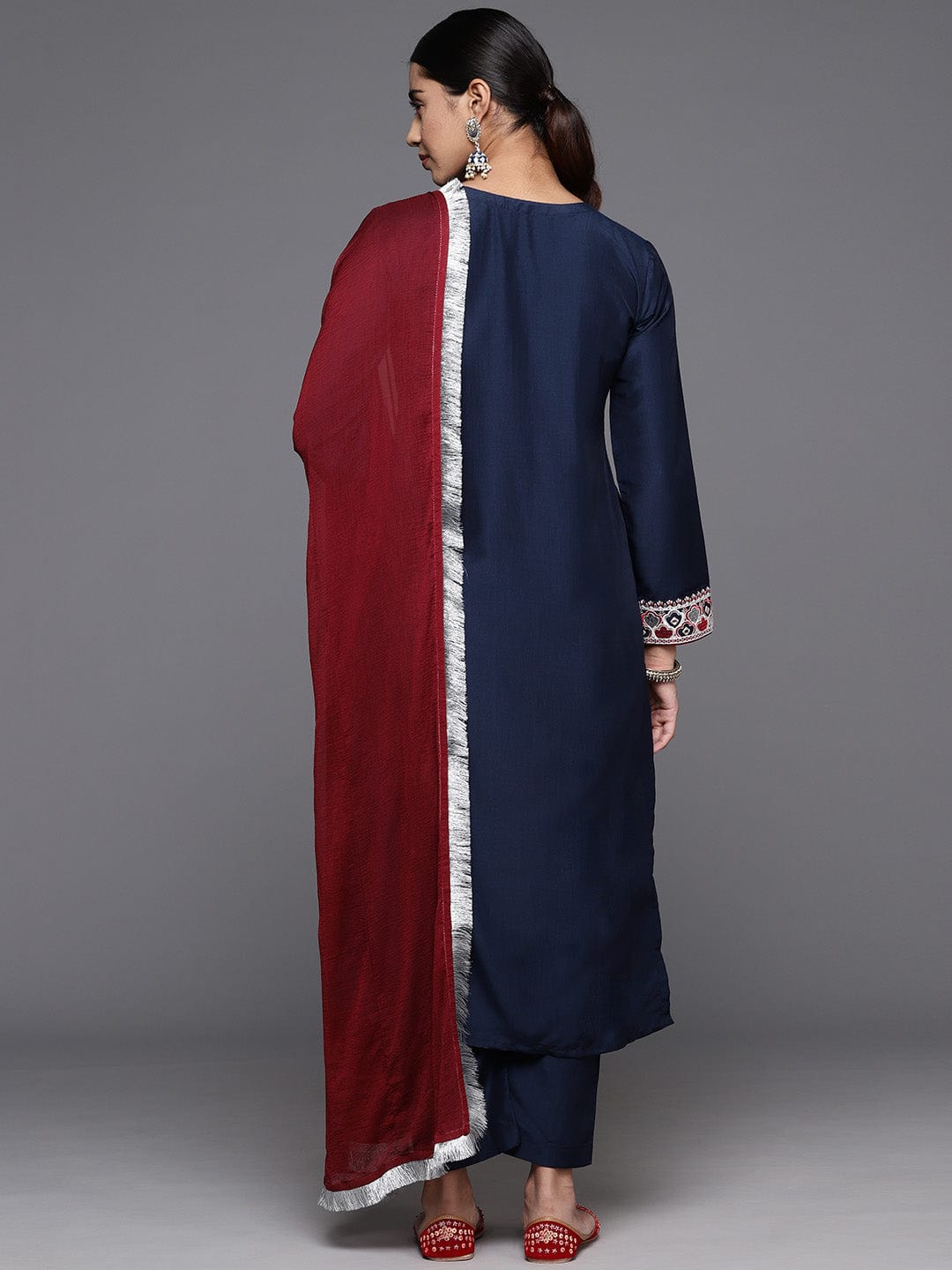 Varanga Women Blue Embroidered Straight Kurta With Bottom And Dupatta
