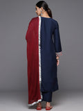 Varanga Women Blue Embroidered Straight Kurta With Bottom And Dupatta