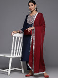 Varanga Women Blue Embroidered Straight Kurta With Bottom And Dupatta