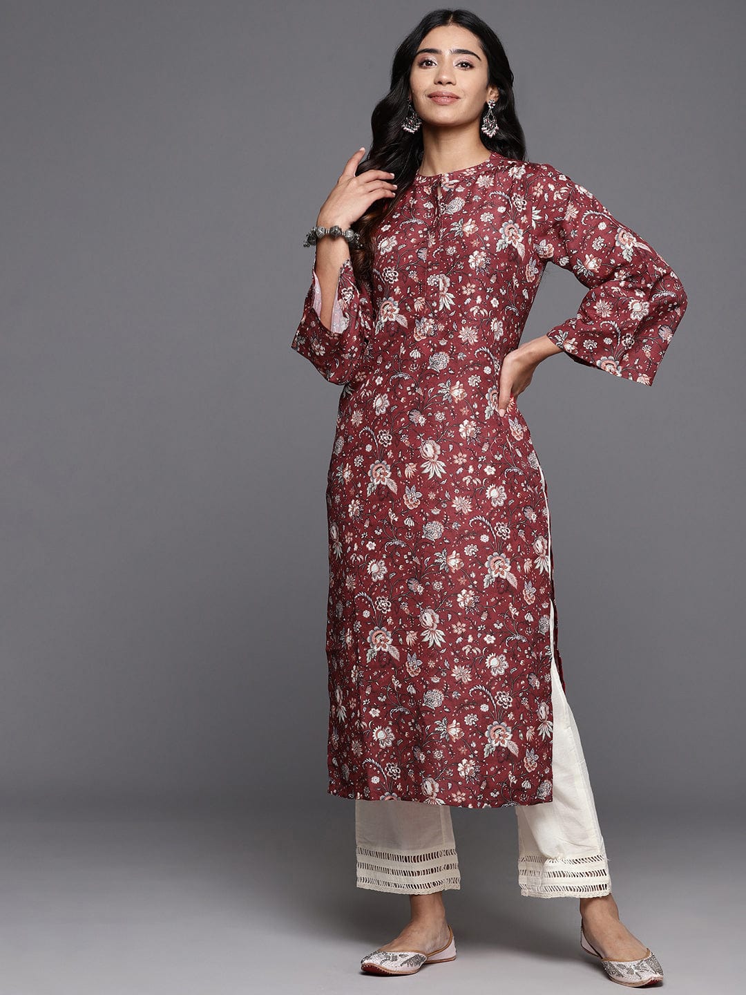 Varanga Women Maroon Floral Printed Straight Kurta With Flared Sleeves