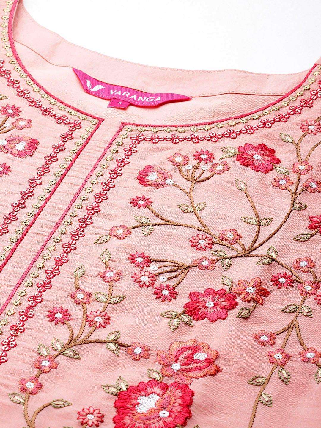 Varanga Women Peach Embroidered Kurta With Bottom And Organza Embroidered Dupatta