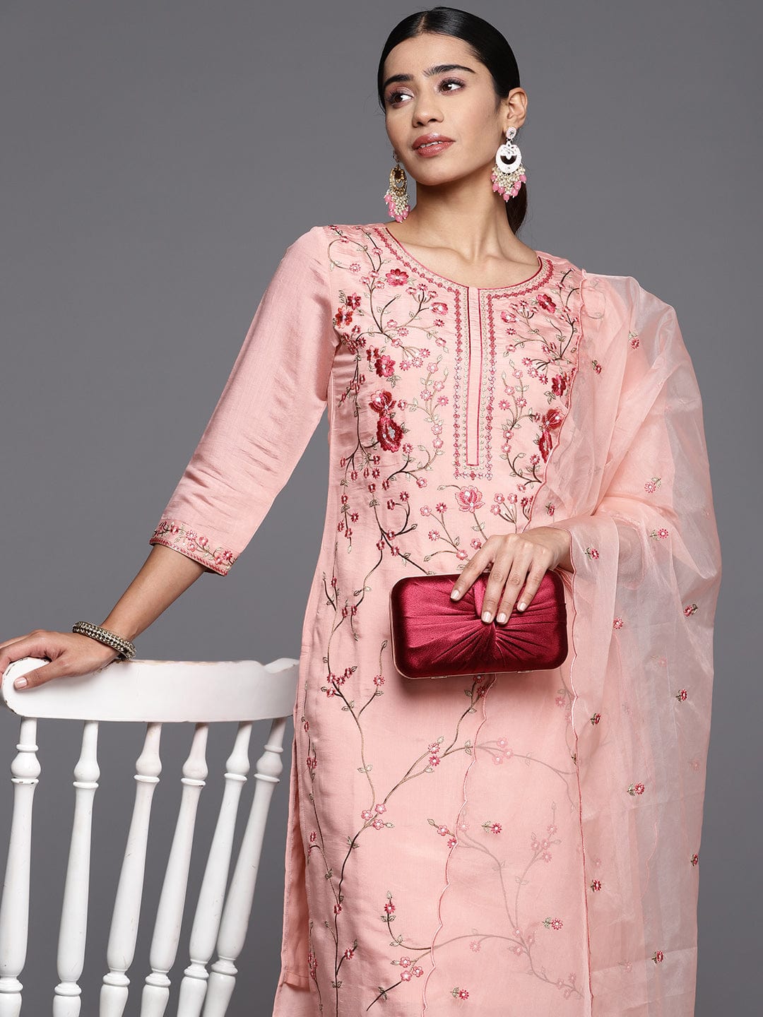 Varanga Women Peach Embroidered Kurta With Bottom And Organza Embroidered Dupatta