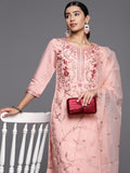 Varanga Women Peach Embroidered Kurta With Bottom And Organza Embroidered Dupatta