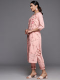 Varanga Women Peach Embroidered Kurta With Bottom And Organza Embroidered Dupatta