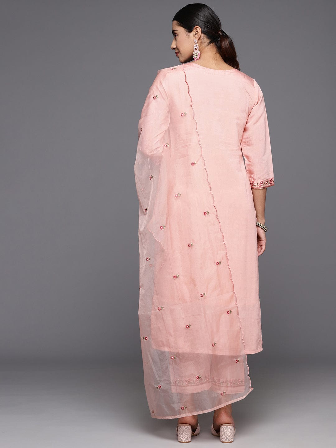 Varanga Women Peach Embroidered Kurta With Bottom And Organza Embroidered Dupatta