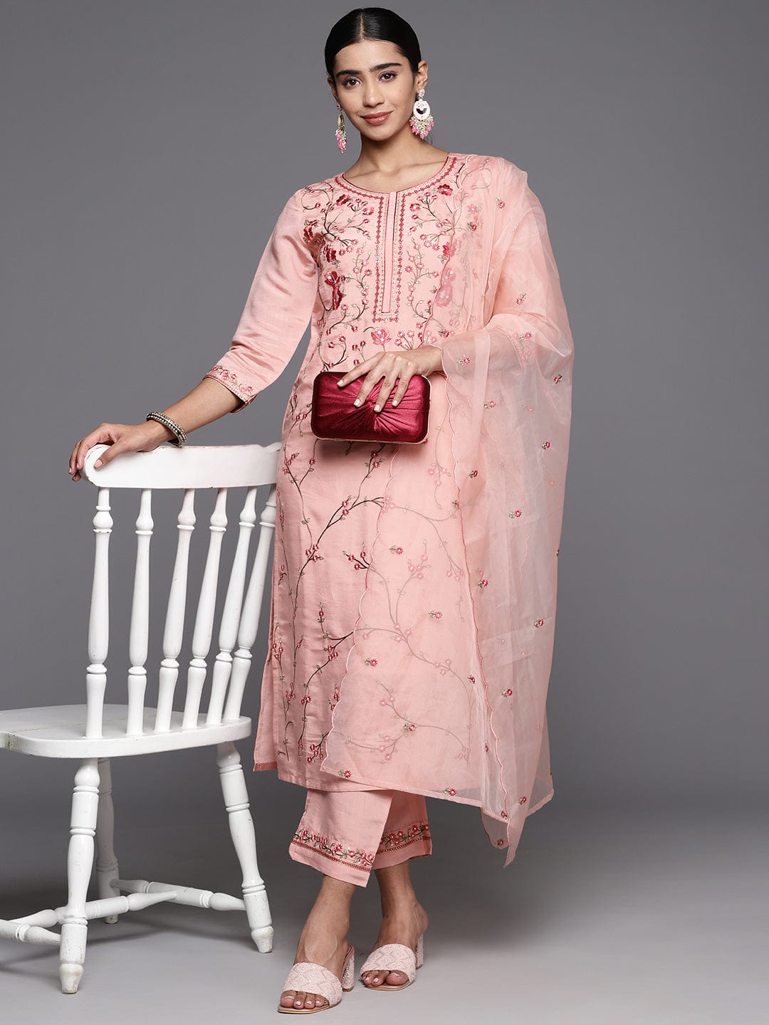 Varanga Women Peach Embroidered Kurta With Bottom And Organza Embroidered Dupatta