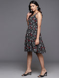 Varanga Women Black Floral Printed V Neck Tiered Dress With Flared Hem Vdrs41093