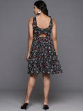Varanga Women Black Floral Printed V Neck Tiered Dress With Flared Hem Vdrs41093