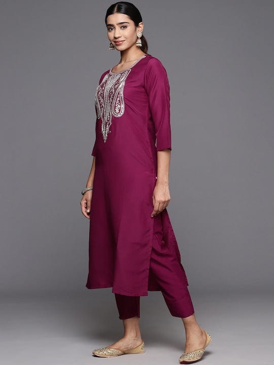 Varanga Women Burgundy Embroidered Kurta Paired With Tonal Bottom And Dupatta