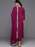 Varanga Women Burgundy Embroidered Kurta Paired With Tonal Bottom And Dupatta