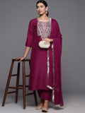 Varanga Women Burgundy Embroidered Kurta Paired With Tonal Bottom And Dupatta