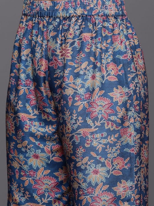 Varanga Women Blue Floral Printed Straight Kurta Paired With Tonal Bottom And Contrast Dupatta