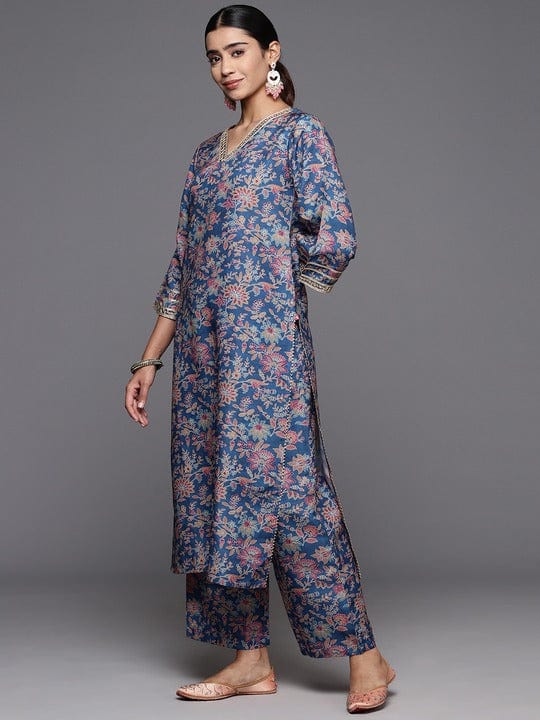 Varanga Women Blue Floral Printed Straight Kurta Paired With Tonal Bottom And Contrast Dupatta