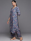 Varanga Women Blue Floral Printed Straight Kurta Paired With Tonal Bottom And Contrast Dupatta