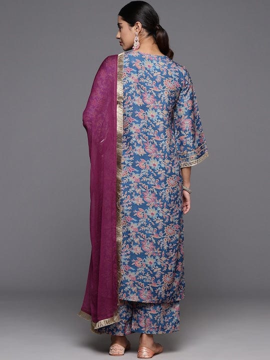 Varanga Women Blue Floral Printed Straight Kurta Paired With Tonal Bottom And Contrast Dupatta