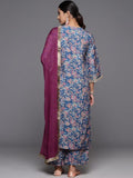 Varanga Women Blue Floral Printed Straight Kurta Paired With Tonal Bottom And Contrast Dupatta