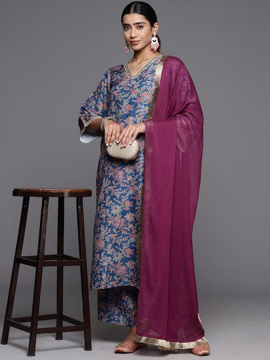 Varanga Women Blue Floral Printed Straight Kurta Paired With Tonal Bottom And Contrast Dupatta
