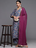 Varanga Women Blue Floral Printed Straight Kurta Paired With Tonal Bottom And Contrast Dupatta