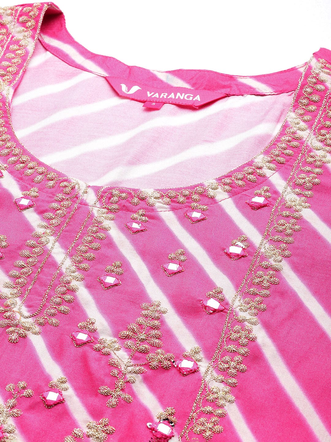 Varanga Women Pink Lehariya Embroidered Straight Kurta With Bottom And Dupatta