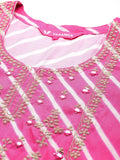 Varanga Women Pink Lehariya Embroidered Straight Kurta With Bottom And Dupatta