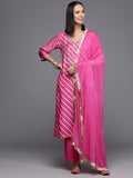 Varanga Women Pink Lehariya Embroidered Straight Kurta With Bottom And Dupatta