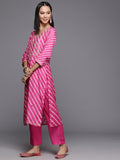 Varanga Women Pink Lehariya Embroidered Straight Kurta With Bottom And Dupatta