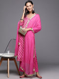 Varanga Women Pink Lehariya Embroidered Straight Kurta With Bottom And Dupatta