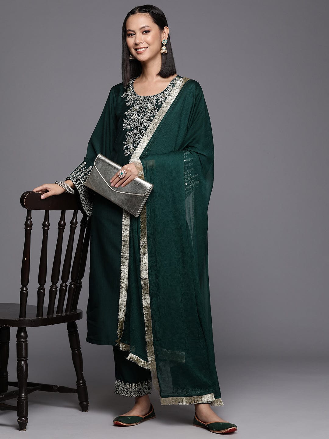 Varanga Women Green Embroidered Straight Kurta With Bottom And Dupatta