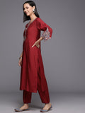 Varanga Women Women Red Embroidered Straight Kurta With Bottom And Dupatta