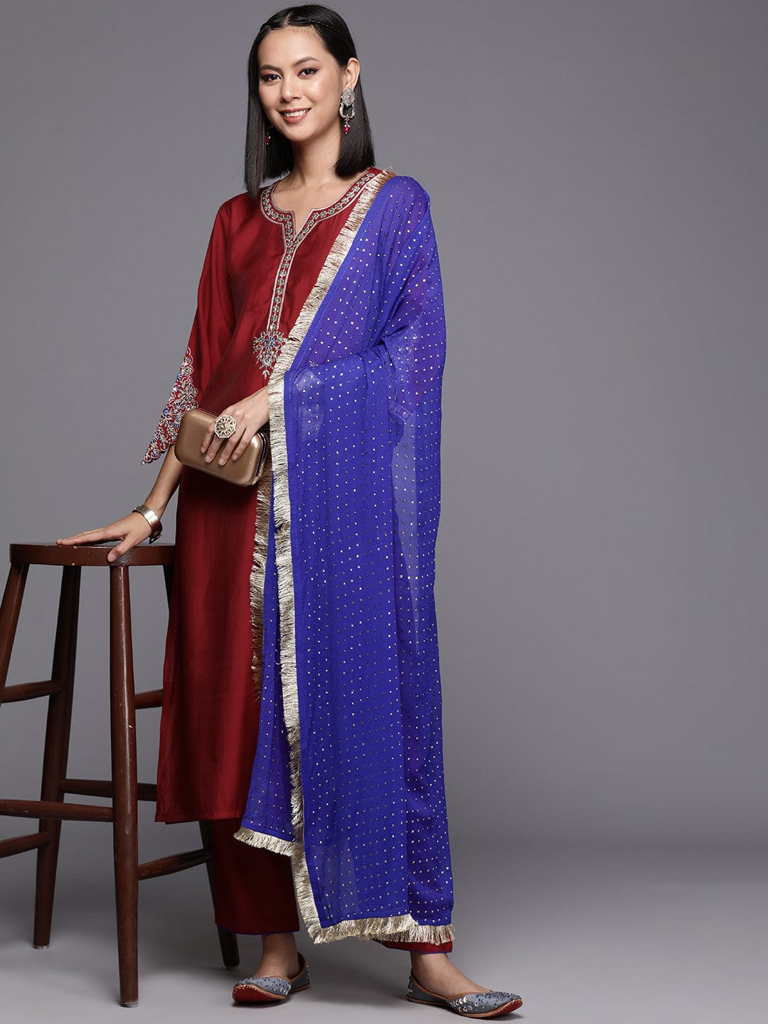 Varanga Women Women Red Embroidered Straight Kurta With Bottom And Dupatta