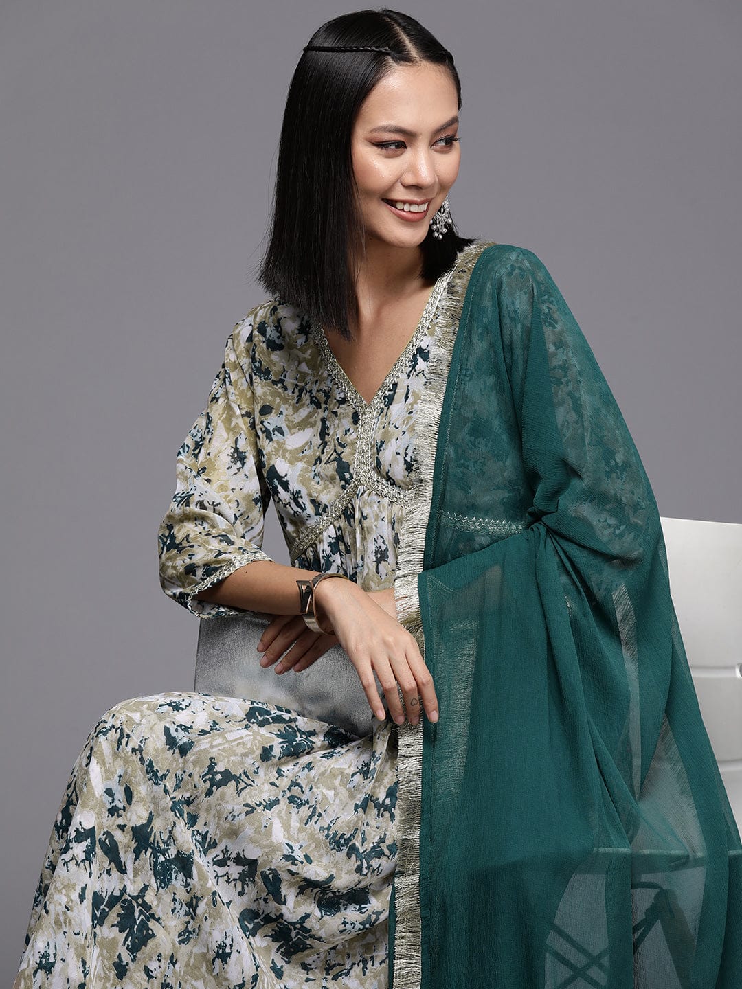 Varanga Women Women Beige And Teal Abstract Printed A-Line Kurta With Bottom And Dupatta
