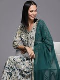 Varanga Women Women Beige And Teal Abstract Printed A-Line Kurta With Bottom And Dupatta
