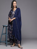 Varanga Women Women Navy Blue A-Line Kurta Paired With Bottom And Dupatta