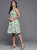 Varanga Green & White Floral Printed V-Neck,Back Details Tiered Dress With Flared Hem