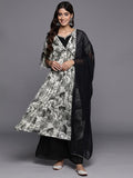 Varanga Women Off-White And Black Floral Printed Kurta With Bottom And Dupatta