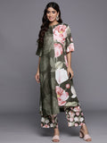 Varanga Women Olive Floral Printed Assymetric Straight Kurta With Printed Bottom