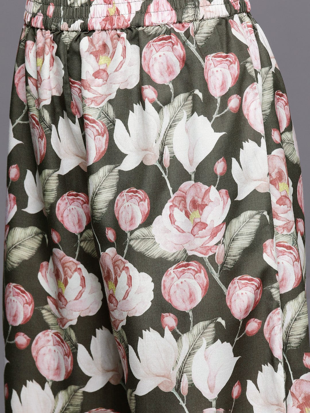 Varanga Women Olive Floral Printed Assymetric Straight Kurta With Printed Bottom