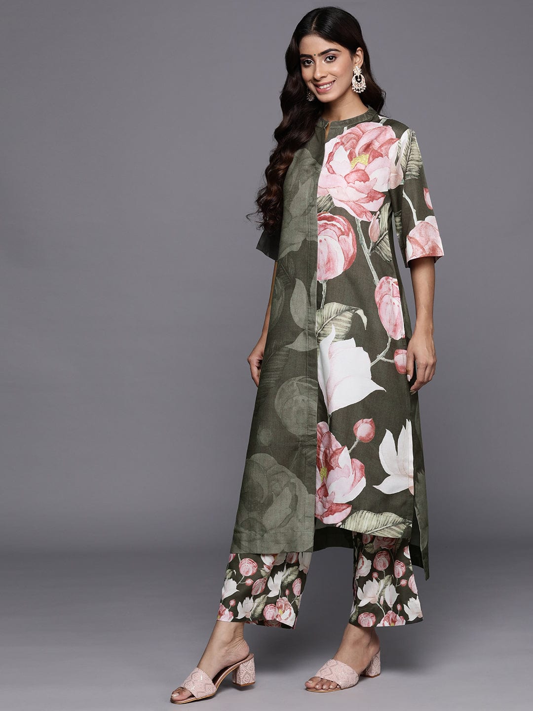 Varanga Women Olive Floral Printed Assymetric Straight Kurta With Printed Bottom